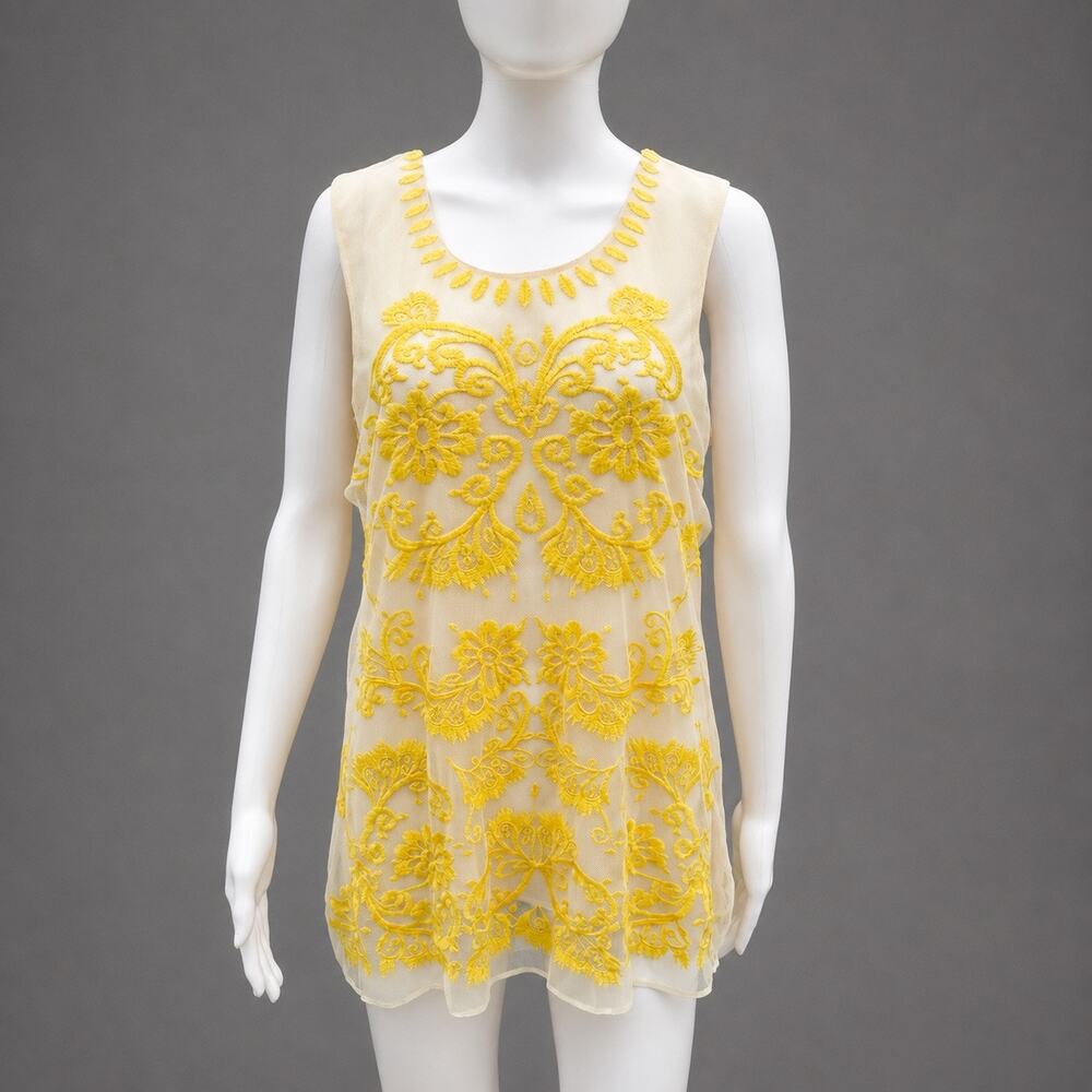 Sundance Yellow Embroidered Mesh Sleeveless Tunic Top Size L Boho Floral